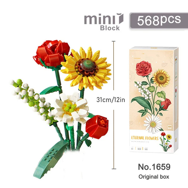 Building Block Bouquet 3D Model Toy Home Decoration Plant Potted Chrysanthemum Rose Flower Assembly Brick Girl Toy Child Gift