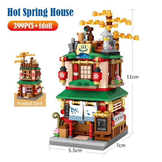 Mini City Street View Noodle Shop House Building Blocks 4 in 1 Japanese Architecture Friends Figures Bricks Toys for Children