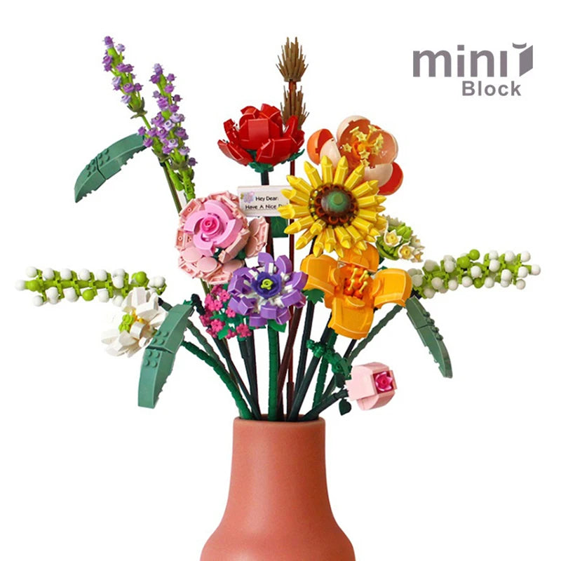 Building Block Bouquet 3D Model Toy Home Decoration Plant Potted Chrysanthemum Rose Flower Assembly Brick Girl Toy Child Gift