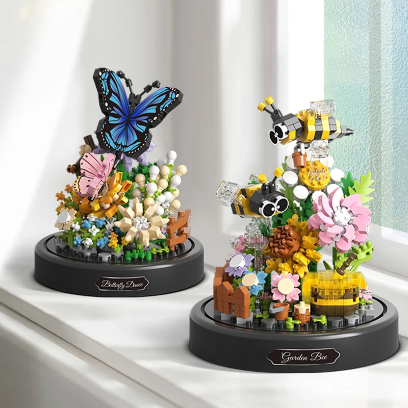 Bee Butterfly Flower Bonsai Building Blocks Insect Plant Potted Model Bricks with Dust Cover Children'S DIY Toy Christmas Gift