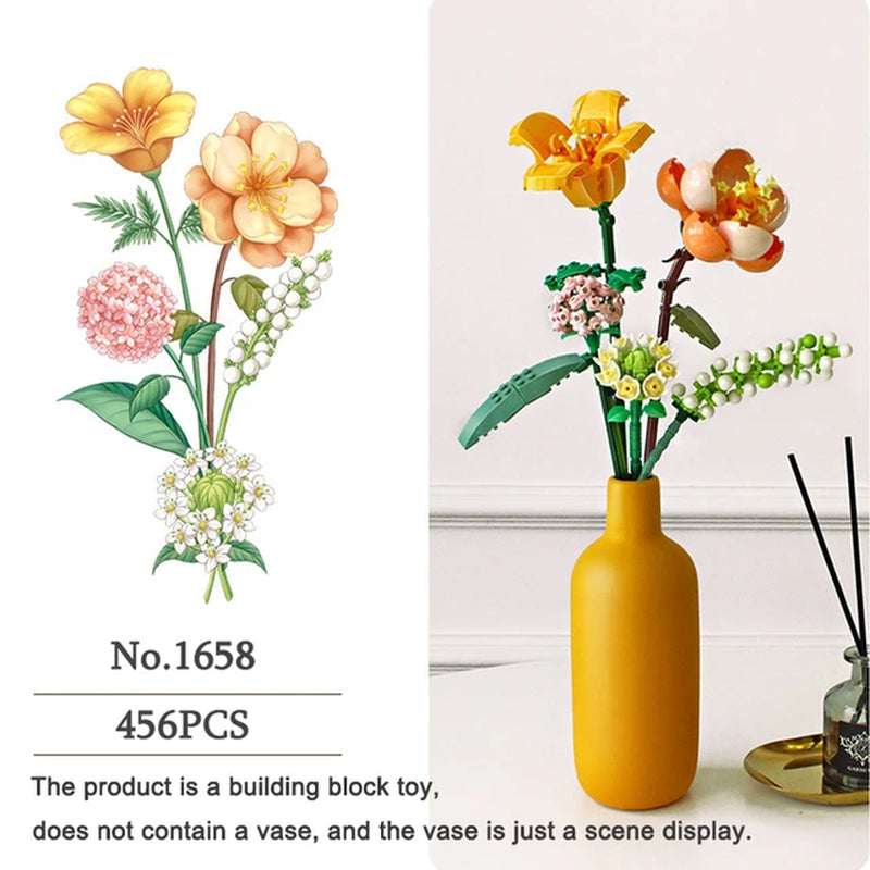 Building Block Bouquet 3D Model Toy Home Decoration Plant Potted Chrysanthemum Rose Flower Assembly Brick Girl Toy Child Gift