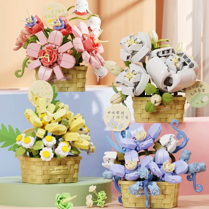 Potted Flower Basket Building Blocks Creative Bonsai Plant Bouquet Model Assemble Bricks Decoration Children'S Christmas Gifts