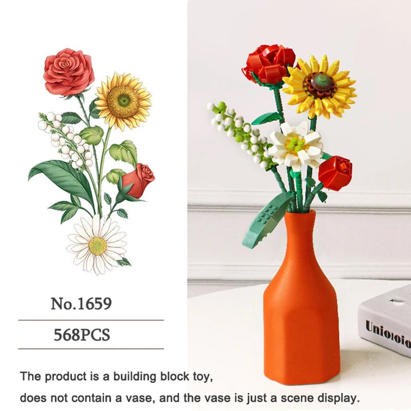 Building Block Bouquet 3D Model Toy Home Decoration Plant Potted Chrysanthemum Rose Flower Assembly Brick Girl Toy Child Gift